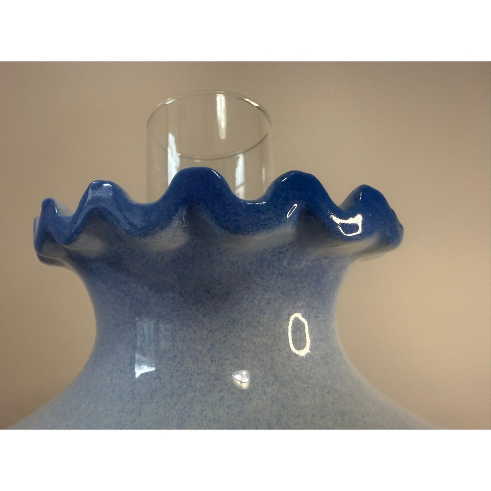Vintage Blue Milk Glass Table Lamp Hand Painted Floral Hurricane Shade 3 Way - Picture 15 of 15